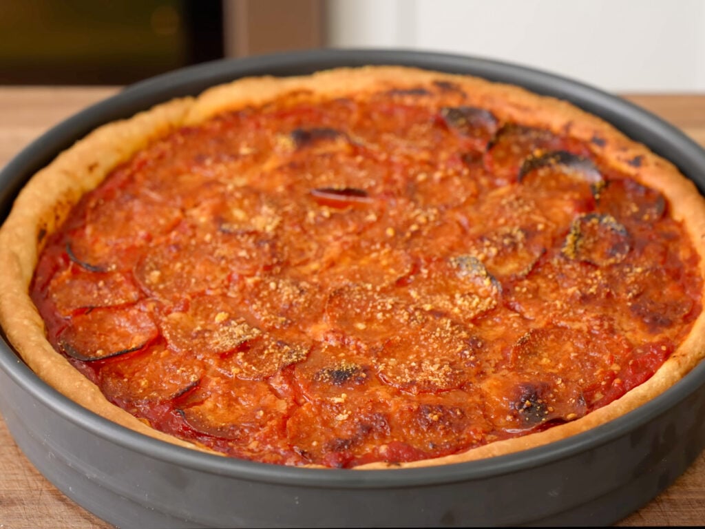 close up of deep dish pepperoni pizza