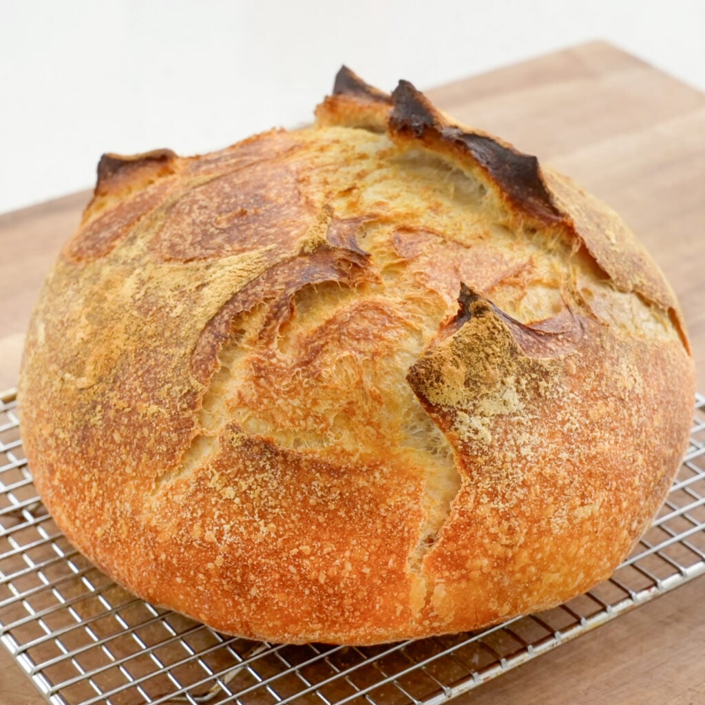 well baked boule on wire rack