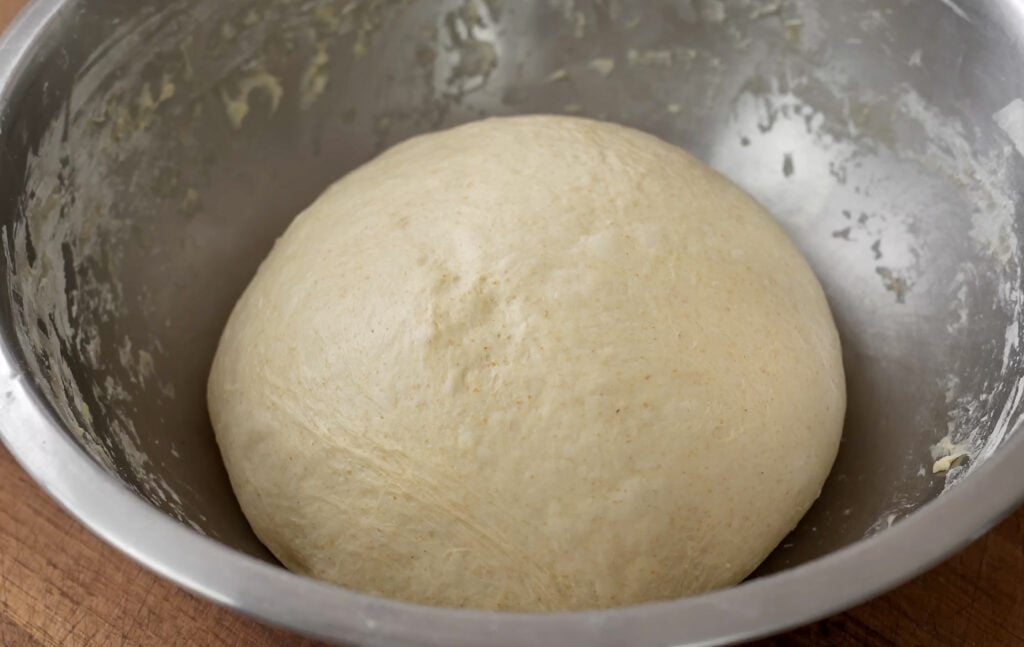 dough after second stretch and fold in metal bowl