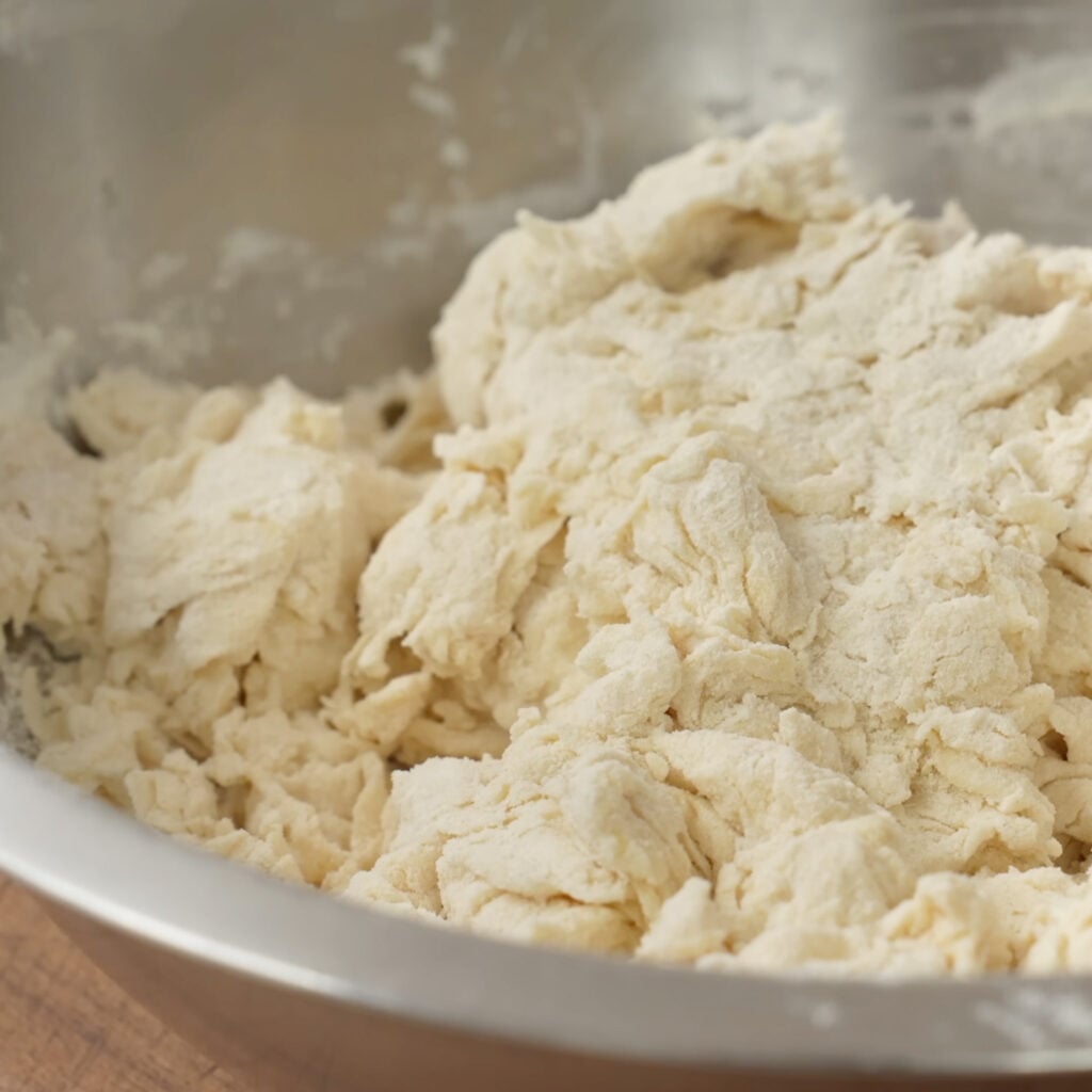 combined flour water salt oil yeast sugar in silver bowl