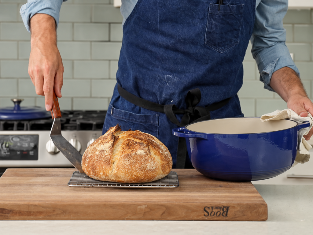 man removing baked sourdough boule from blue dutch oven and putting on wire rack