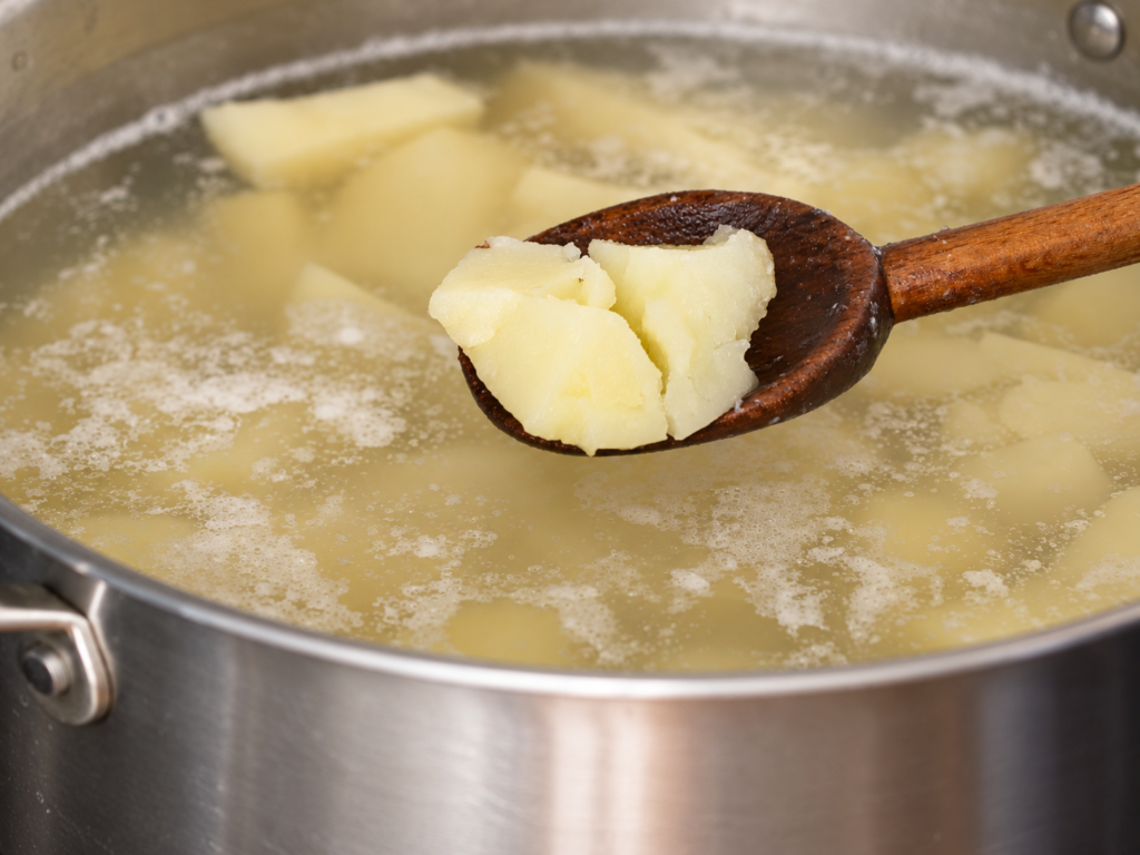 wooden spoon holding up smashed cooked piece of potato