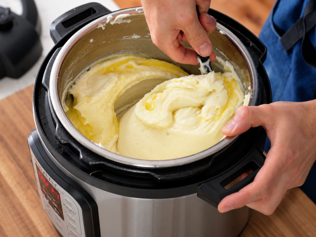 stirring melted butter into potato puree