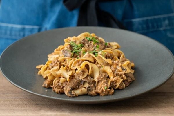 mound of ground beef stroganoff in grey bowl