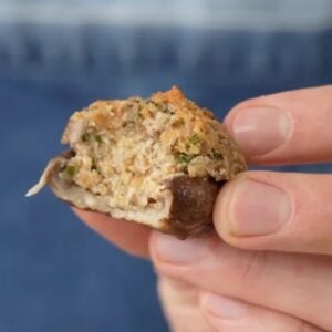 hand holding stuffed mushroom with blue background