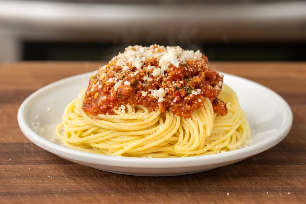 spaghetti with meat sauce on a white plate