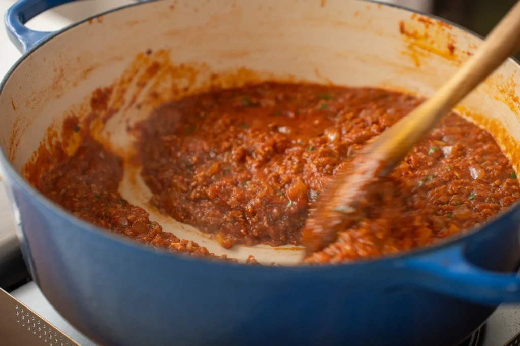 cooked meat sauce in blue dutch oven