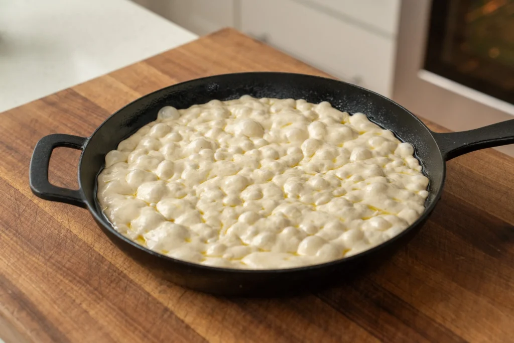 focaccia dough in cast iron pan