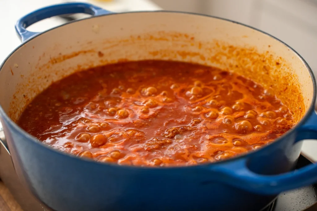 simmering meat sauce in a blue dutch oven