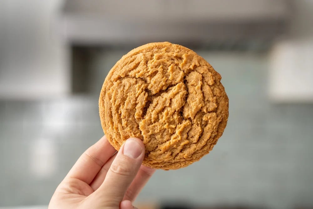 hand holding up a perfectly baked peanut butter cookie