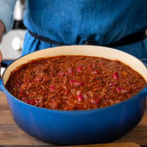 chili in blue dutch oven