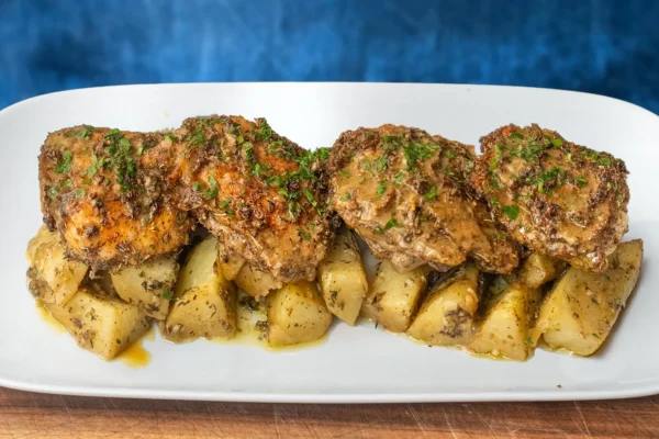 greek chicken and potatoes on a white platter