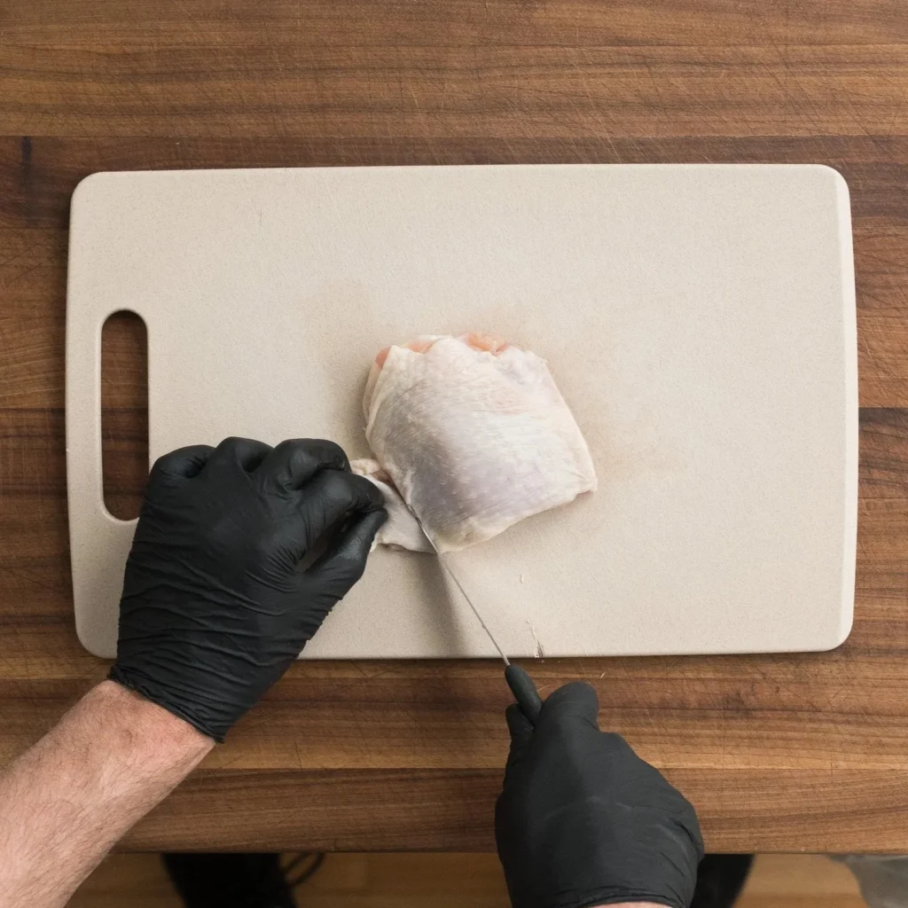 trimming excess skin off chicken thigh