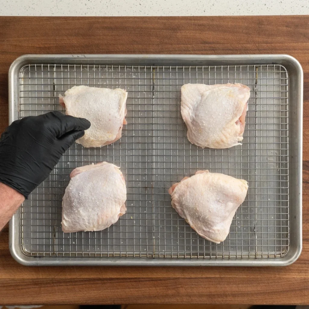 seasoning chicken thighs on wire rack