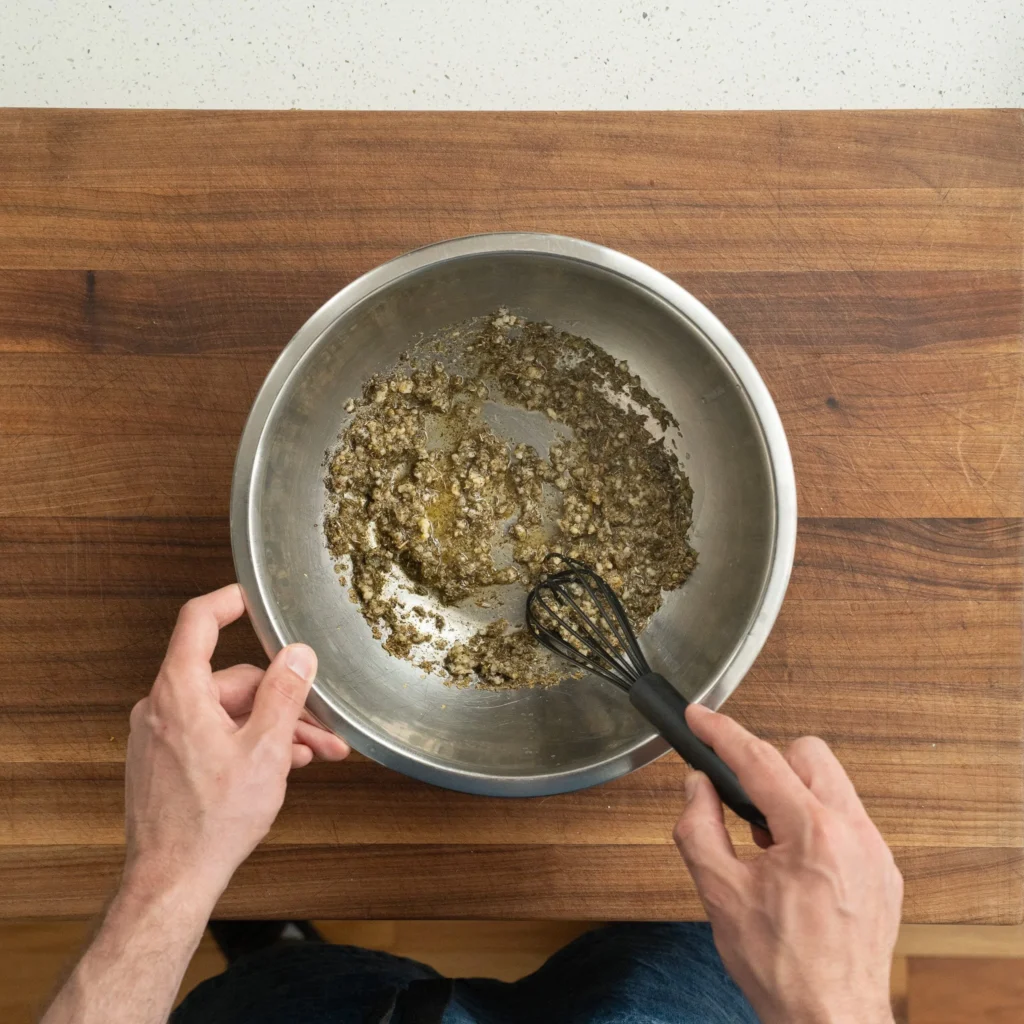 combining spices in metal bowl with black whisk