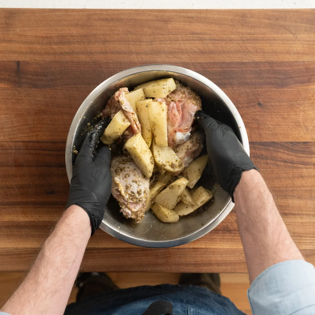 tossing chicken thighs with potato wedges in a metal bowl