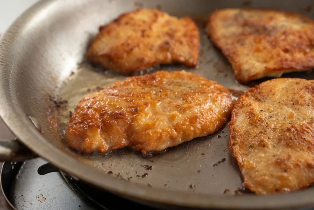 browned chicken breasts in a saute pan