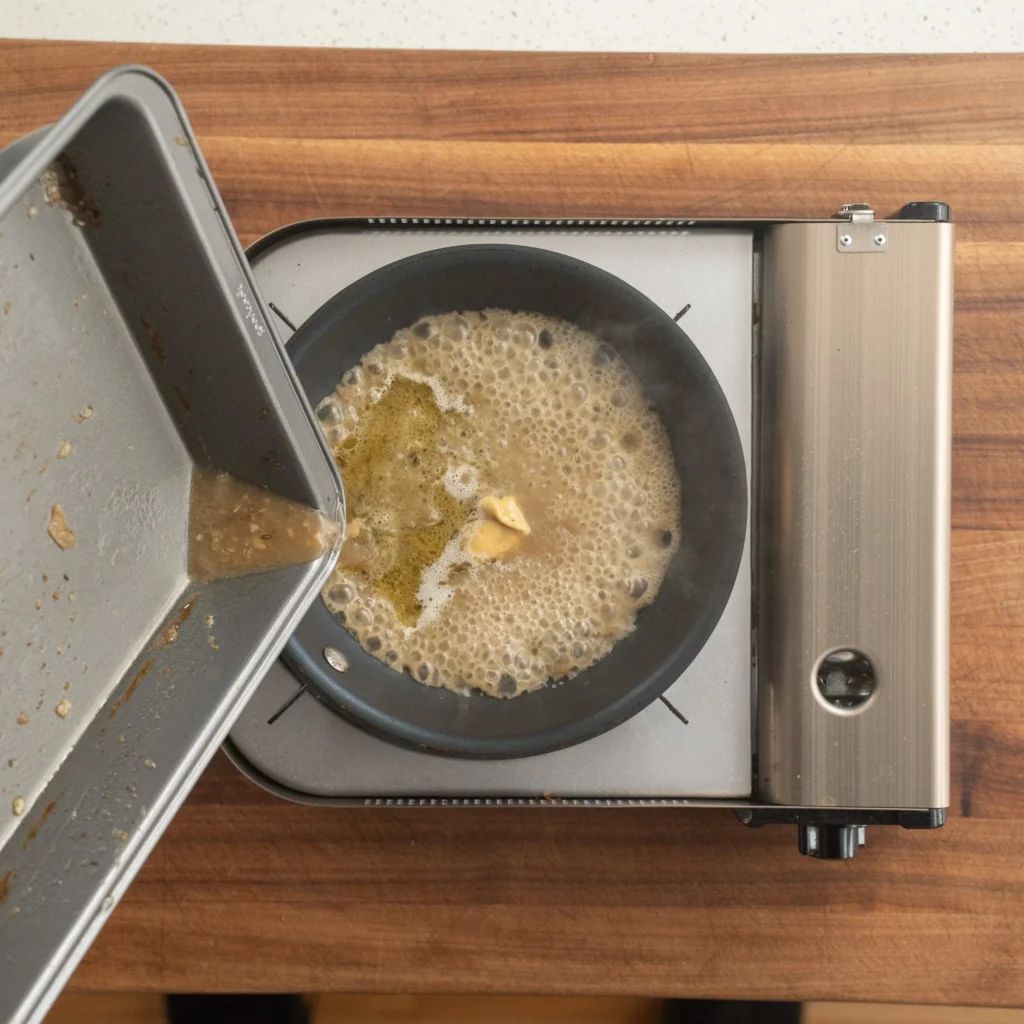 pouring roast chicken juices from baking pan into saute pan