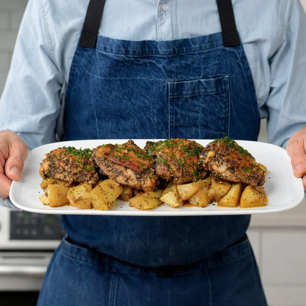 man in blue apron holding platter of greek chicken and potatoes