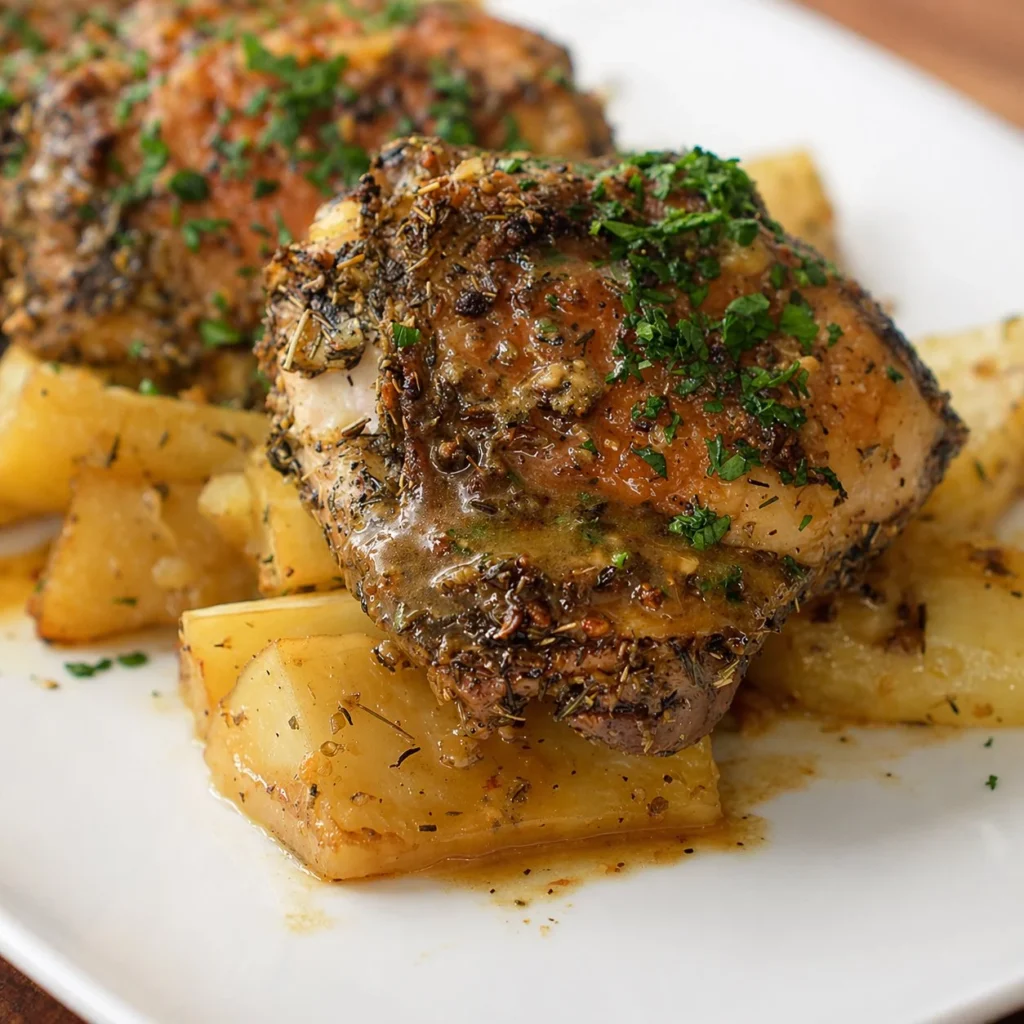 browned delicious looking marinated greek chicken thigh on top of roasted potatoes