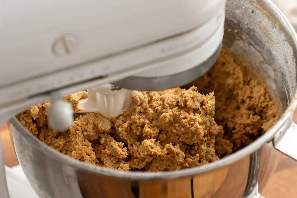 peanut butter cookie dough in the bowl of a stand mixer