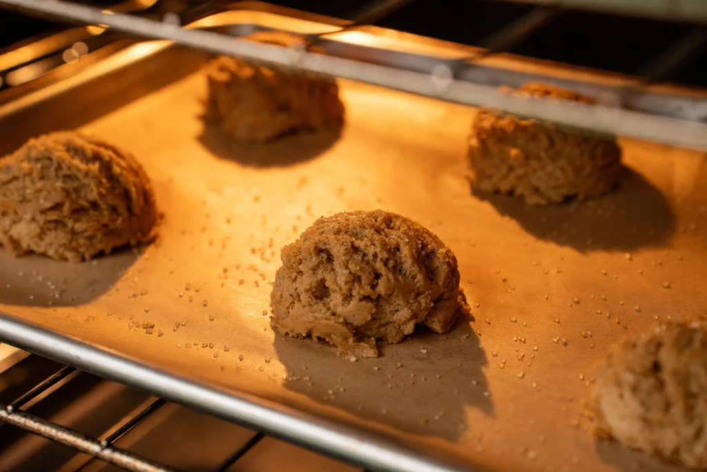 tray of peanut butter cookie dough in an oven
