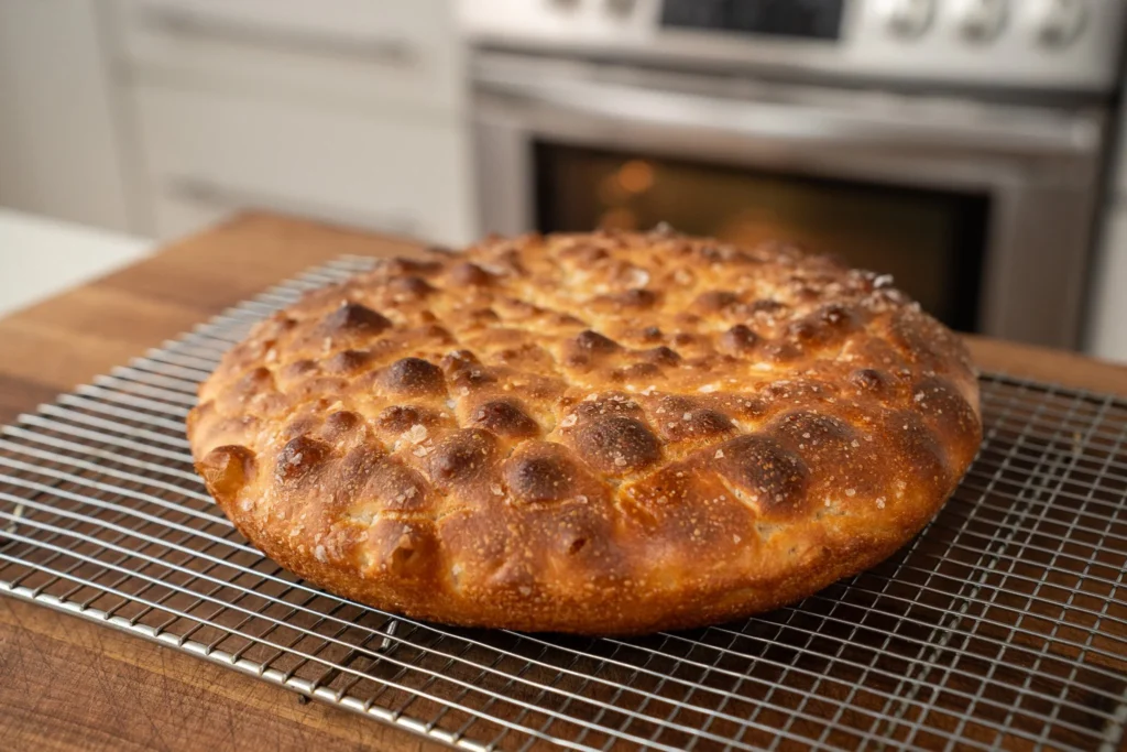 beautifully baked focaccia loaf cooling on wire rack