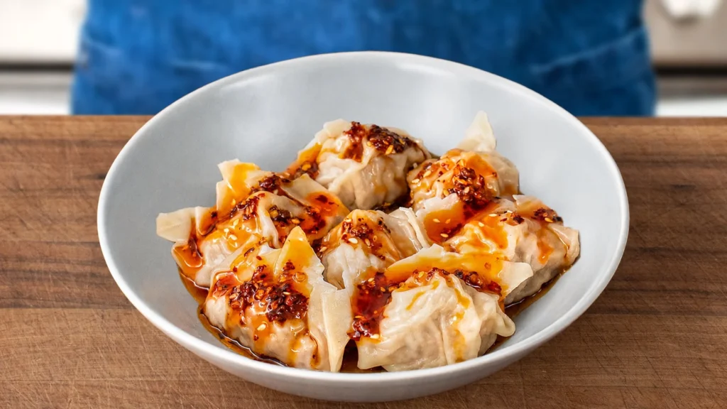 grey bowl of chili oil wontons