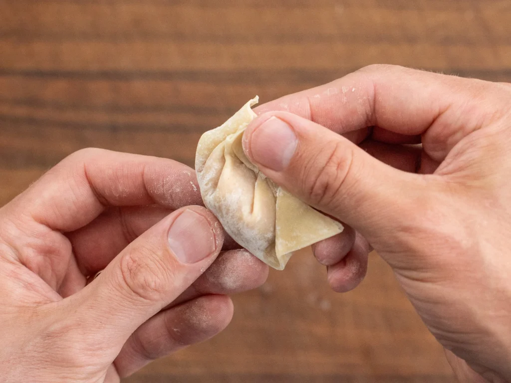 hands crimping wonton into beggars purse shape