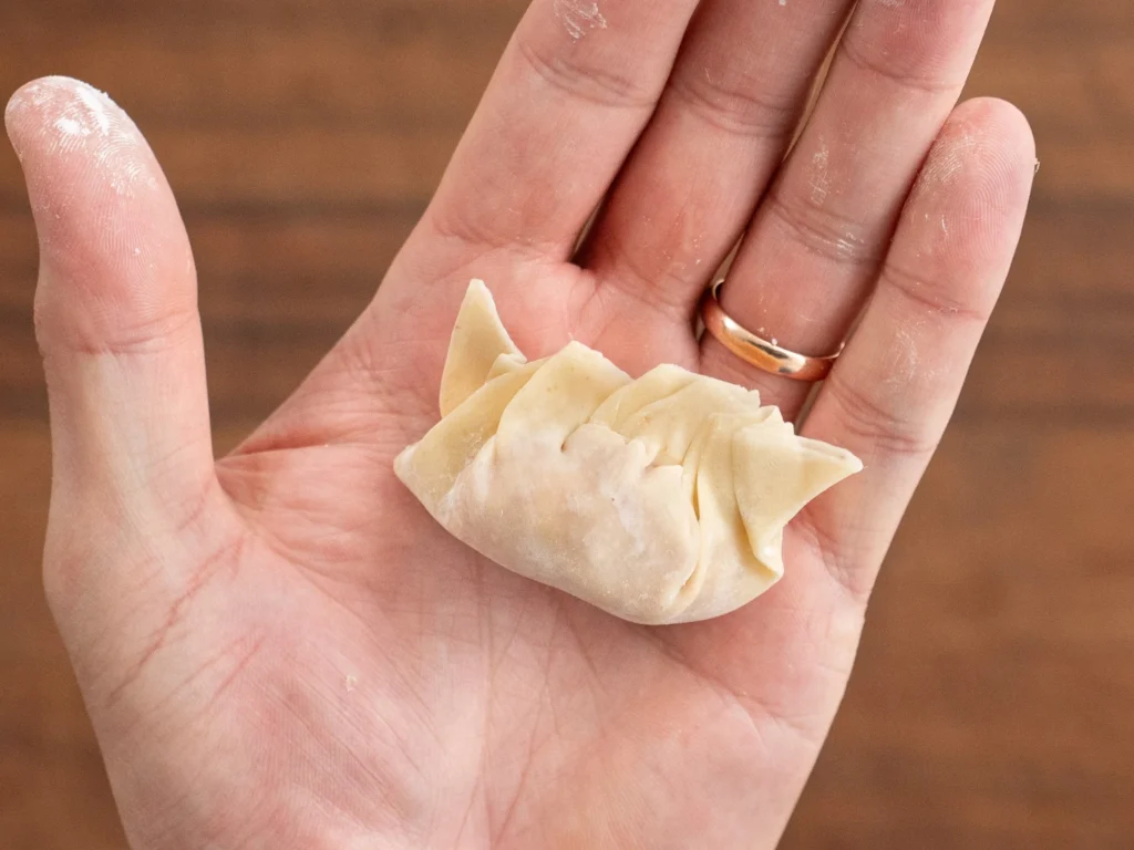 open hand holding raw beggars purse shaped wonton