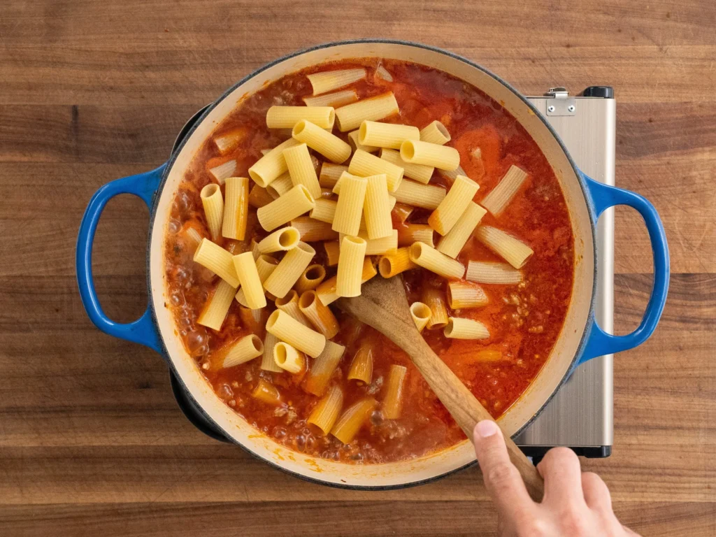 stirring dry rigatoni into tomato sauce in blue dutch oven