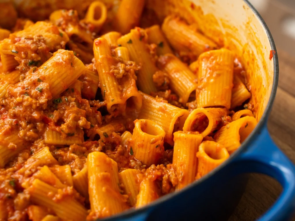 close up of finished sausage rigatoni pasta in blue dish