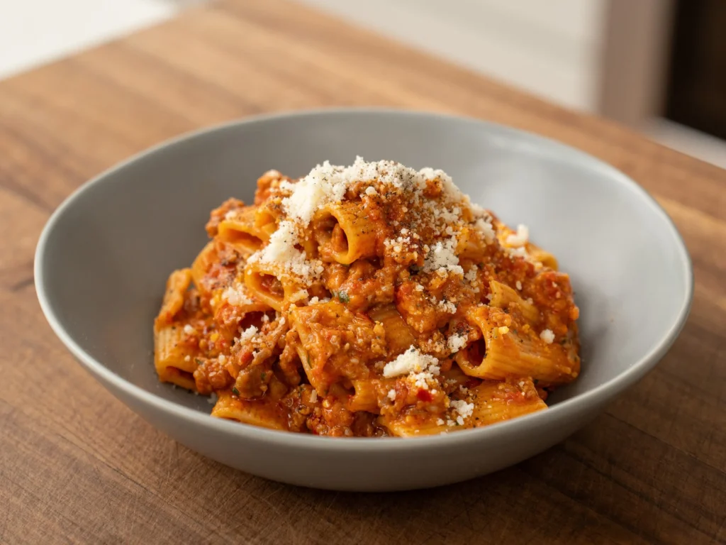 grey bowl filled with rigatoni sausage pasta topped with parmesan and black pepper