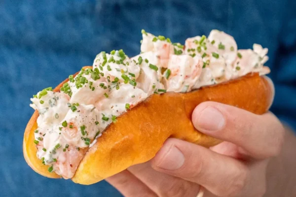 hand holding shrimp roll blue background