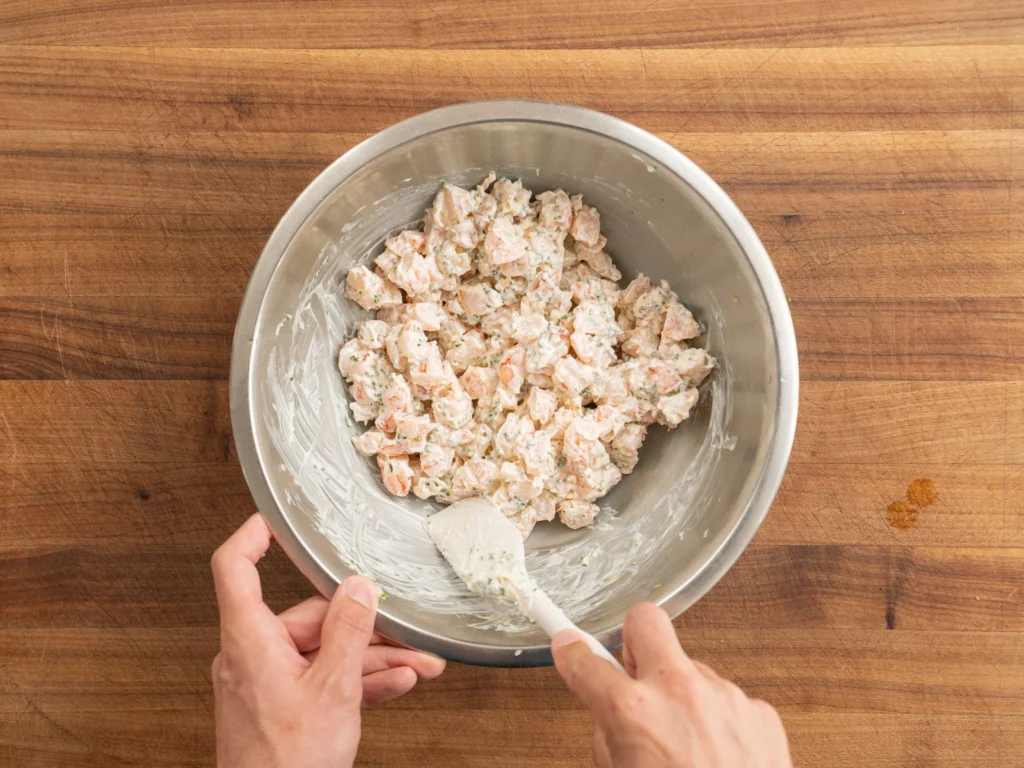silver bowl of shrimp salad