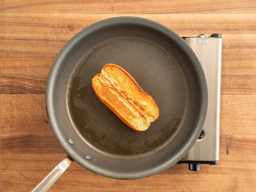 toasted hot dog bun in nonstick pan