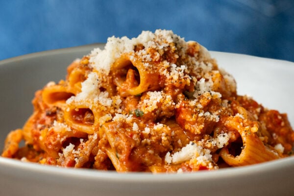 grey bowl filled with rigatoni