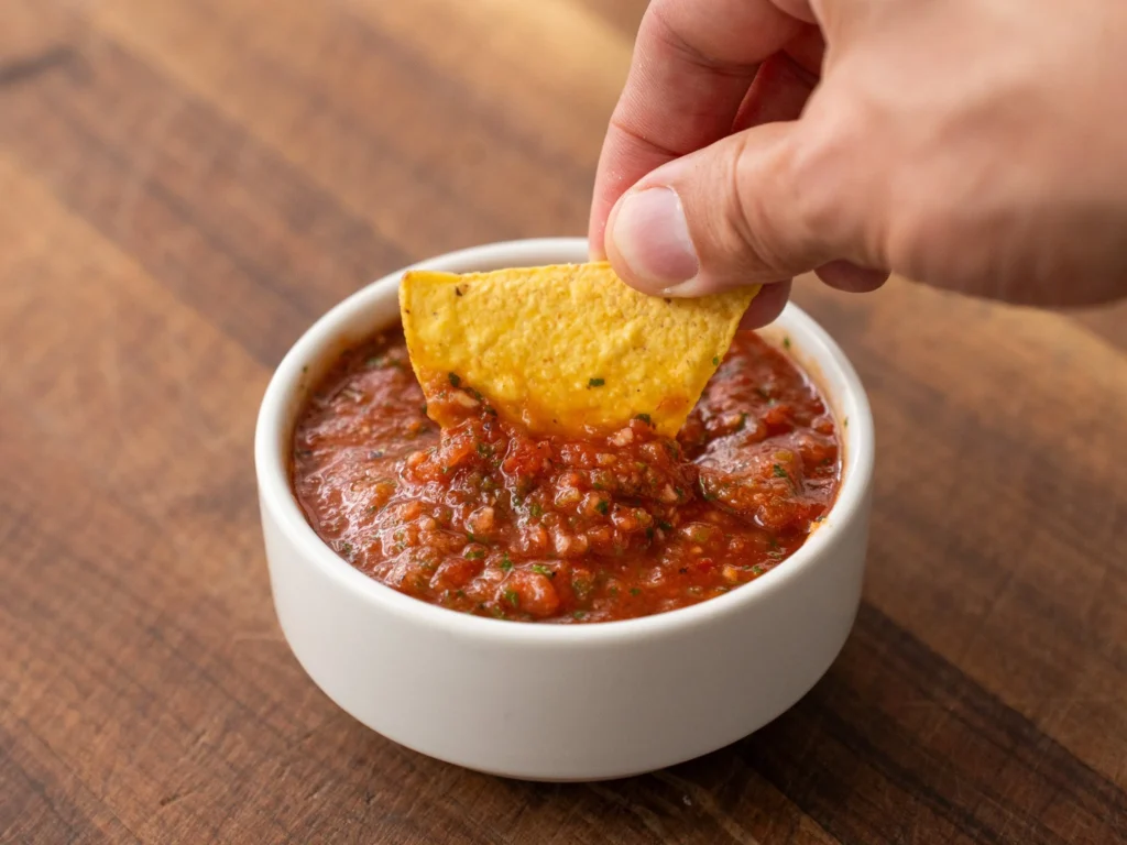 chip dipping into tomato salsa