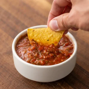 chip dipping into tomato salsa