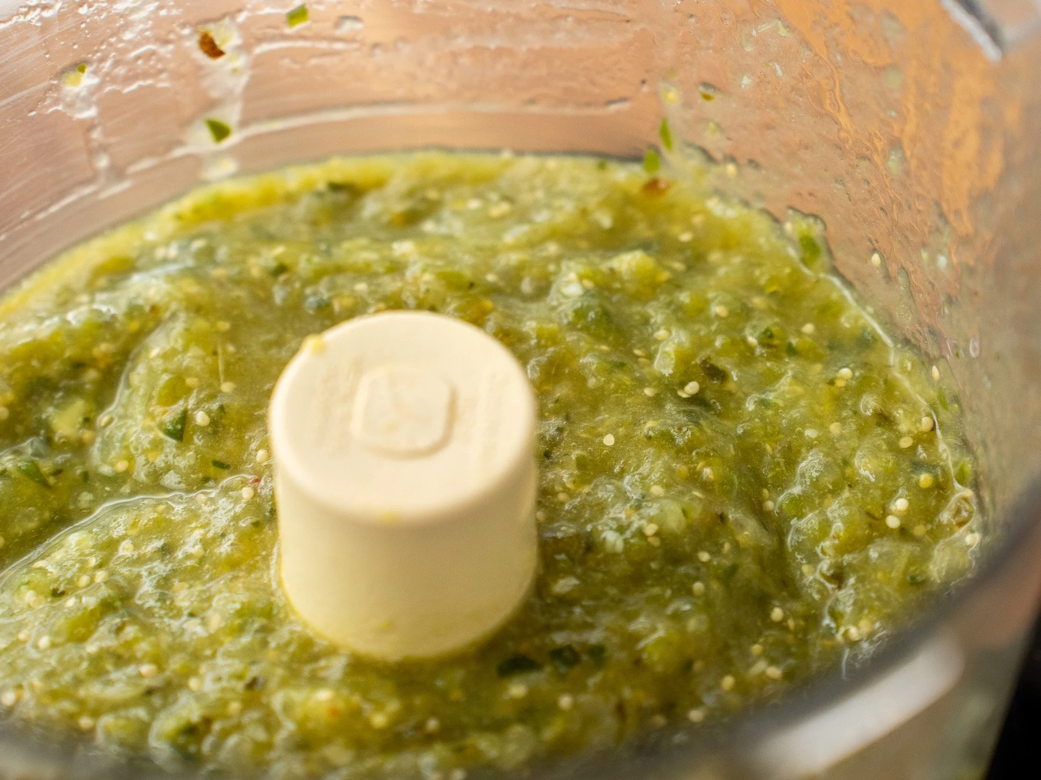 finished tomatillo salsa in food processor