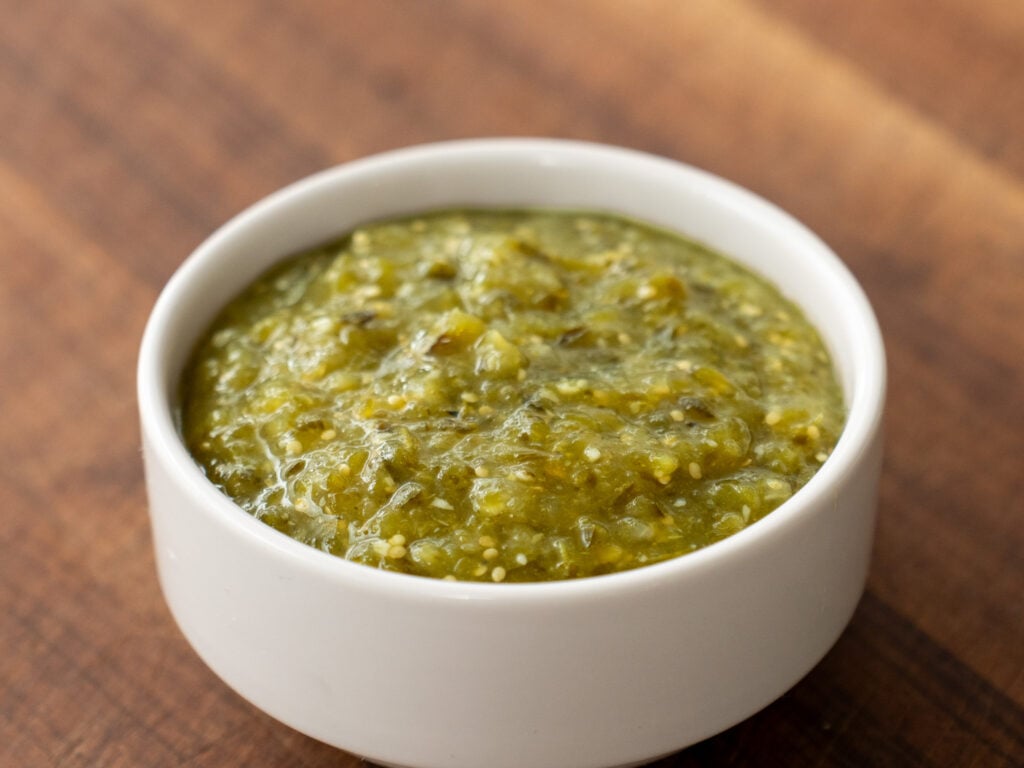 tomatillo salsa in white bowl
