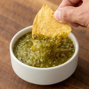 tortilla chip dipping into tomatillo salsa