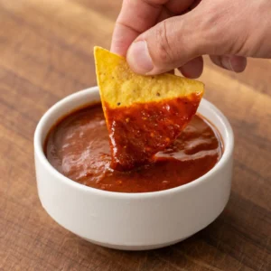 tortilla chip dipping into salsa taquera