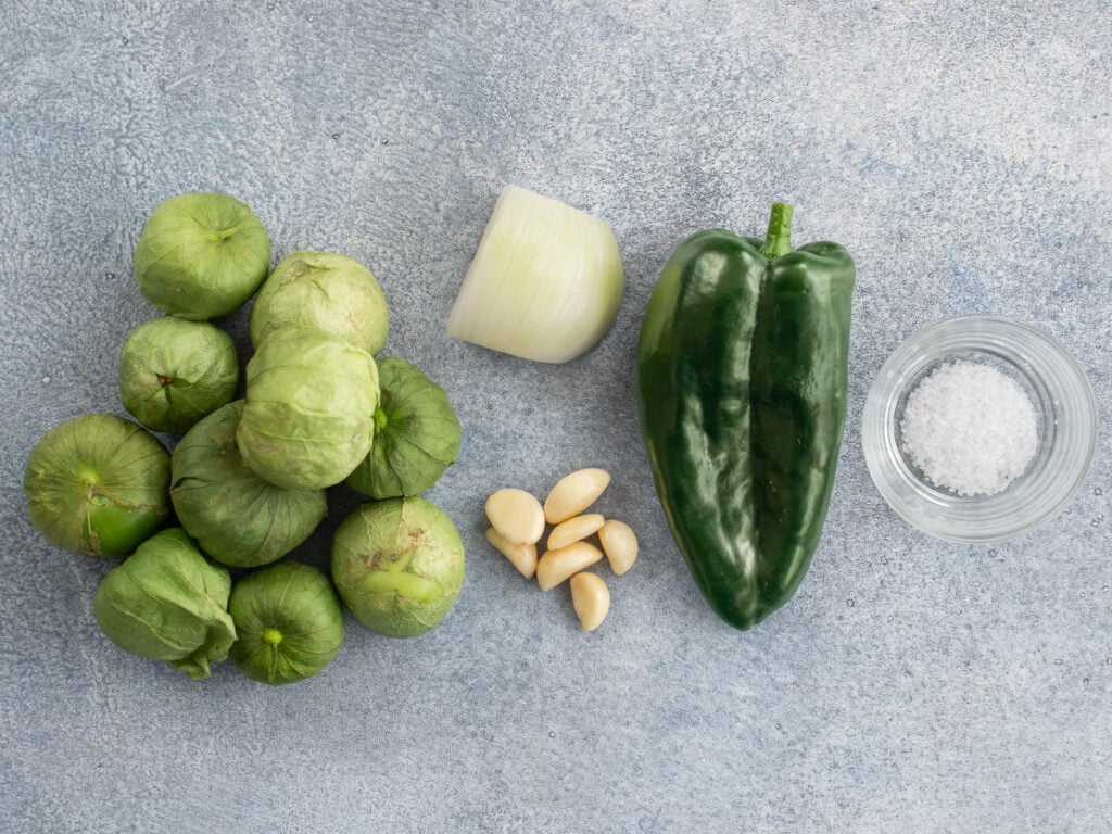 tomatillos garlic onion poblano pepper salt on grey concrete