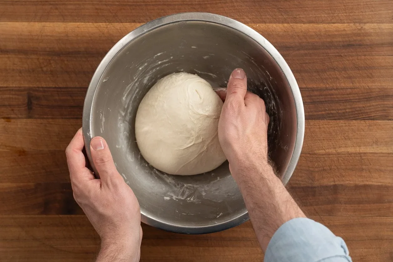 rounding focaccia dough in a metal mixing bowl