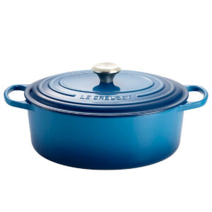 Image of a blue Le Creuset brand dutch oven