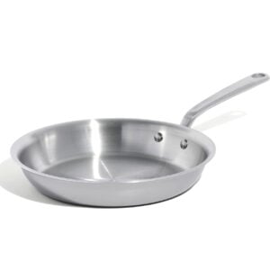 10 inch stainless steel saute pan on white background
