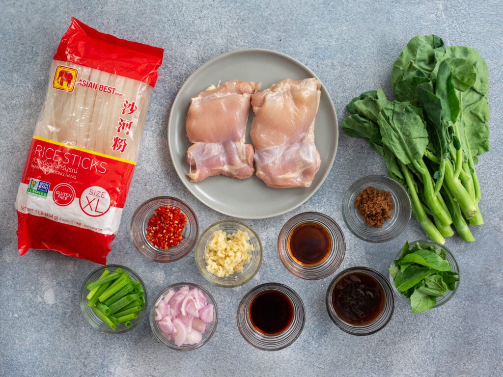 ingredients to make drunken noodles displayed on grey background