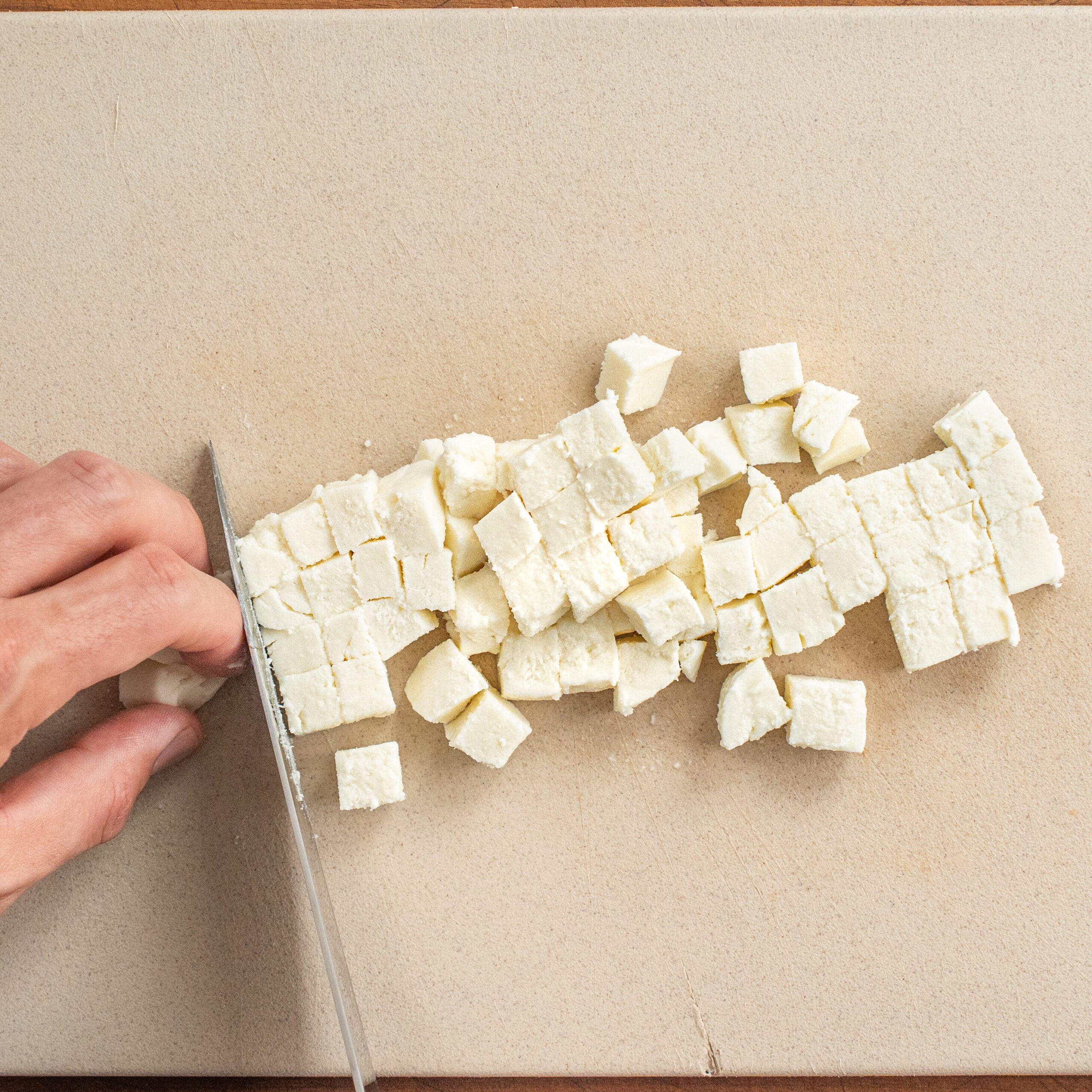 dicing fresh mozzarella