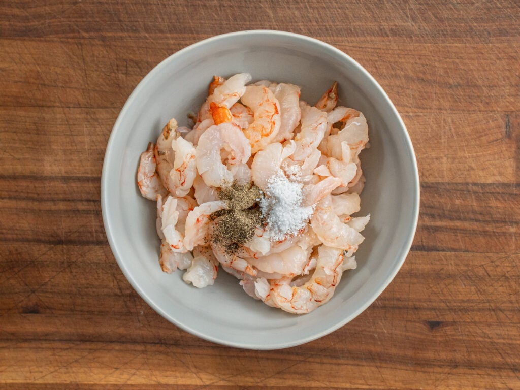 raw shrimp in grey bowl